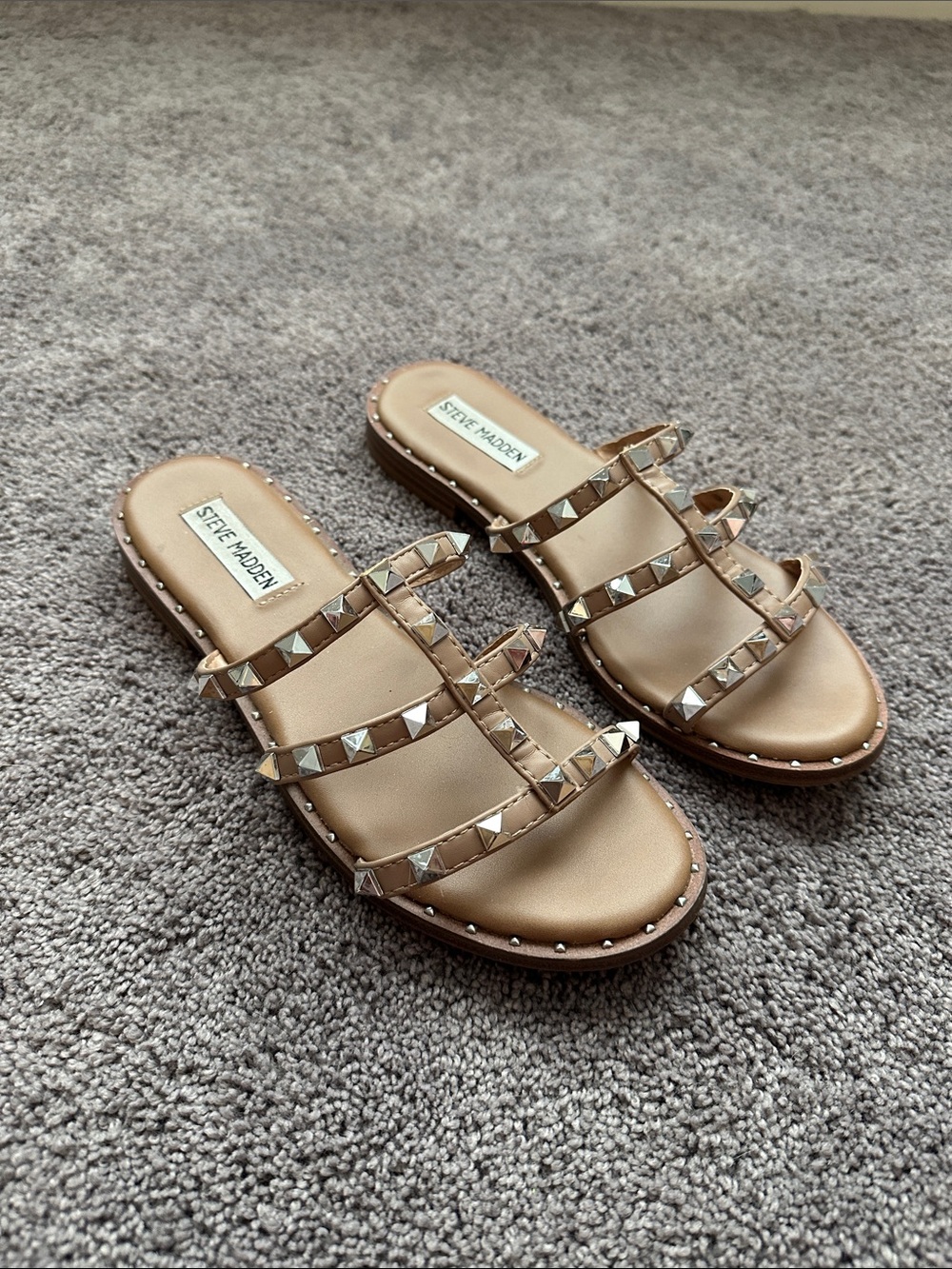 Steve Madden Metallic Gold Pyramid-Stud Triple Strap Slides